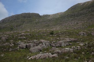 Another view of the lone downy birch (Betula pubescens) and the rocky sandstone terraces and slopes of Liathach.