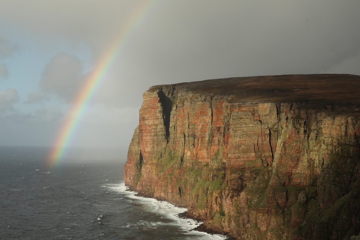Rainbow, Orkney, Hoy, Old man of Hoy, dramatic cliffs, sandstone cliffs,